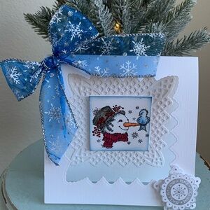 HAND CRAFTED Winter Snowman Greeting Card with Blue Snowflake Bow & 3D Design